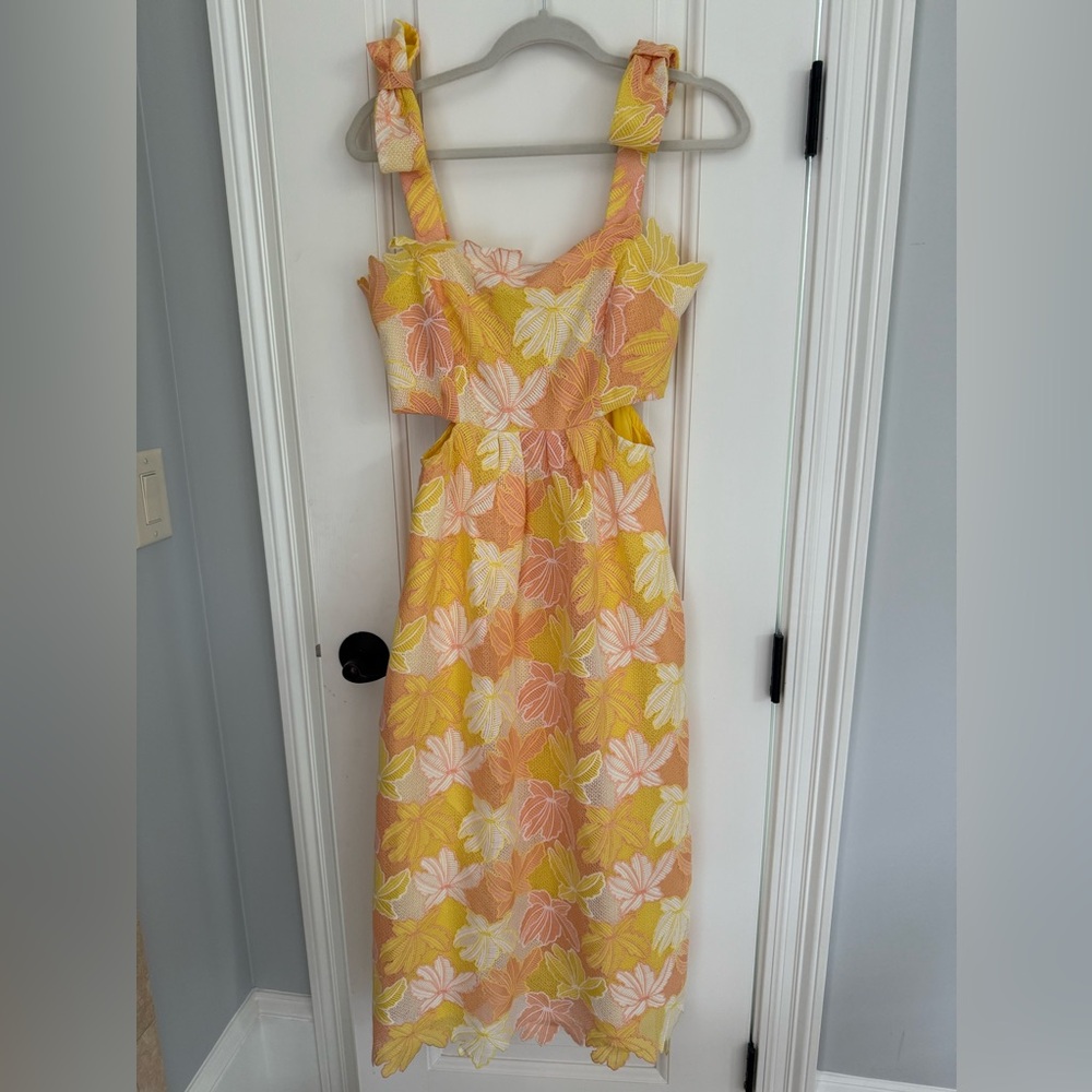 Floral Yellow and Pink Lace Midi Dress